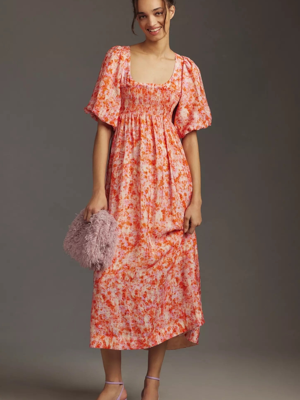 Anthropologie Short-Sleeve Smocked Babydoll Midi Dress